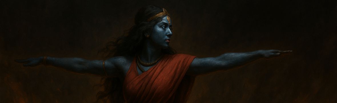 Kālī realitzant una āsana poderosa, reflectint l'energia transformadora i l'equilibri de les postures en el Kālī Yoga.